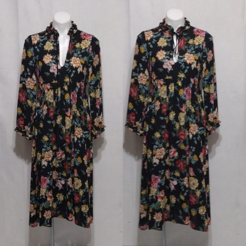 Zara Black Floral Chiffon Midi Dress Ruffled Romantic Summer Day Chic Small
